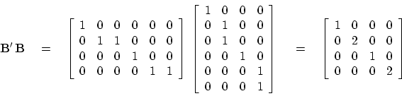 \begin{displaymath}
\bold B'   \bold B
\eq
\left[
\begin{array}{ccccccc}
1 ...
... \\
0 & 0 & 1 & 0 \\
0 & 0 & 0 & 2
\end{array} \right] \;
\end{displaymath}