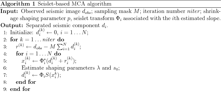 \begin{algorithm}
% latex2html id marker 374
[htb]
\caption{Seislet-based MCA a...
...leftarrow \Phi_i S(x_i^k) $;
\ENDFOR
\ENDFOR
\end{algorithmic}\end{algorithm}