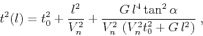 \begin{displaymath}
t^2(l) = t_0^2 + {l^2 \over V_n^2} + {{G\,l^4 \tan^2{\alpha}} \over
{V_n^2\,\left(V_n^2 t_0^2 + G\,l^2\right)}}\;,
\end{displaymath}
