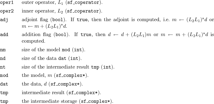 \begin{desclist}{\tt }{\quad}[\tt oper2]
\setlength \itemsep{0pt}
\item[oper1...
...}).
\item[tmp] the intermediate storage (\texttt{sf\_complex*}).
\end{desclist}