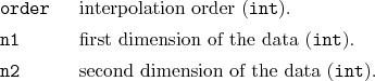 \begin{desclist}{\tt }{\quad}[\tt order]
\setlength \itemsep{0pt}
\item[order...
...{int}).
\item[n2] second dimension of the data (\texttt{int}).
\end{desclist}