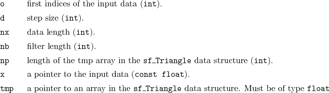 \begin{desclist}{\tt }{\quad}[\tt tmp]
\setlength \itemsep{0pt}
\item[o] firs...
...xttt{sf\_Triangle} data structure. Must be of type \texttt{float}
\end{desclist}