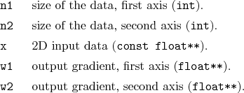 \begin{desclist}{\tt }{\quad}[\tt w2]
\setlength \itemsep{0pt}
\item[n1] size...
...}).
\item[w2] output gradient, second axis (\texttt{float**}).
\end{desclist}