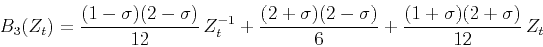 \begin{displaymath}
B_3(Z_t) =
\frac{(1-\sigma)(2-\sigma)}{12}\,Z_t^{-1} +
...
...sigma)(2-\sigma)}{6} +
\frac{(1+\sigma)(2+\sigma)}{12}\,Z_t
\end{displaymath}