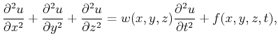 $\displaystyle \frac{\partial^2 u}{\partial x^2}+
\frac{\partial^2 u}{\partial y...
...al^2 u}{\partial z^2} = w(x,y,z) \frac{\partial^2 u}{\partial t^2} +f(x,y,z,t),$