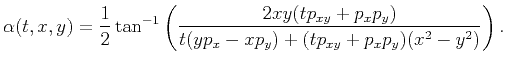 $\displaystyle \alpha(t,x,y)=\frac{1}{2}\tan ^{-1}\left(\frac{2xy(tp_{xy}+p_xp_y)}{t(yp_x-xp_y)+(tp_{xy}+p_xp_y)(x^2-y^2)}\right).$