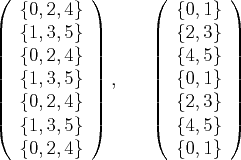 \begin{figure}\centering
$
\left(\begin{array}{c}
\{0,2,4\} \\
\{1,3,5\} \\
...
...0,1\} \\
\{2,3\} \\
\{4,5\} \\
\{0,1\}
\end{array}\right)
$\end{figure}