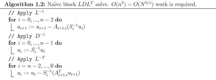 \begin{algorithm2e}
% latex2html id marker 99\DontPrintSemicolon
\tcp{Apply $L...
... block $LDL^T$\ solve. $O(n^5)=O(N^{5/3})$\ work is required.}
\end{algorithm2e}