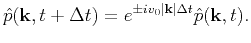 $\displaystyle \hat{p}(\mathbf{k}, t+\Delta t) = e^{\pm iv_0\left\vert\mathbf{k}\right\vert\Delta t}\hat{p}(\mathbf{k},t).$