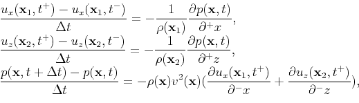 \begin{displaymath}\begin{array}{l} \displaystyle \frac{u_x(\mathbf{x}_1,t^+) - ...
...rac{\partial u_z(\mathbf{x}_2,t^+)}{\partial^- z}), \end{array}\end{displaymath}