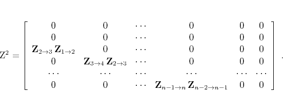 \begin{displaymath}
\mathbf{Z}^2 = \left[\begin{array}{cccccc}
0 & 0 & \cdot...
...{Z}_{n-2 \rightarrow n-1} &
0 & 0 \\
\end{array}\right]\;.
\end{displaymath}