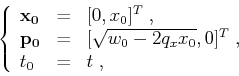 \begin{displaymath}
\left\{ \begin{array}{lcl}
\mathbf{x_0} & = & [0, x_0]^T\;, ...
...0 - 2 q_x x_0}, 0]^T\;, \\
t_0 & = & t\;,
\end{array} \right.
\end{displaymath}