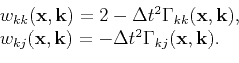 \begin{displaymath}\begin{array}{lcl}   w_{kk}(\mathbf{x},\mathbf{k})=2-\Delta...
...elta{t}^2\Gamma_{kj}{(\mathbf{x},\mathbf{k})}. \\  \end{array}\end{displaymath}