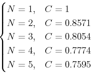 \begin{displaymath}
\begin{cases}
N=1, & C=1\\
N=2, & C=0.8571\\
N=3, & C=0.8054\\
N=4, & C=0.7774\\
N=5, & C=0.7595\\
\end{cases}\end{displaymath}