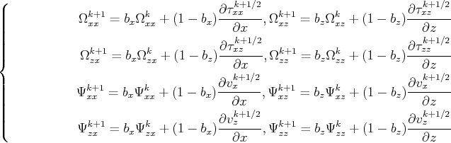 \begin{equation*}\left\{ \begin{split}\Omega_{xx}^{k+1}=b_x\Omega_{xx}^{k}+(1-b_...
...b_z)\frac{\partial v_z^{k+1/2}}{\partial z}\\ \end{split} \right.\end{equation*}