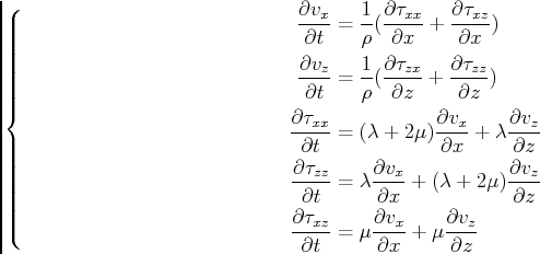 \begin{equation*}\left\{ \begin{split}\frac{\partial v_x}{\partial t} &=\frac{1}...
...artial x}+\mu\frac{\partial v_z}{\partial z}\\ \end{split}\right.\end{equation*}