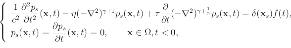 \begin{displaymath}\left\{
\begin{array}{lr}
\dfrac{1}{c^2}\dfrac{\partial^2p_s}...
...},t)=0, \qquad \mathbf{x} \in \Omega, t<0, &
\end{array}\right.\end{displaymath}